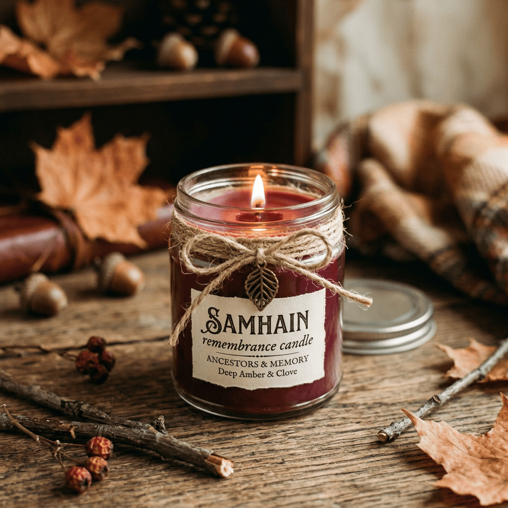 Lit candle labeled “SAMHAIN remembrance candle ANCESTORS & MEMORY Deep Amber & Clove”