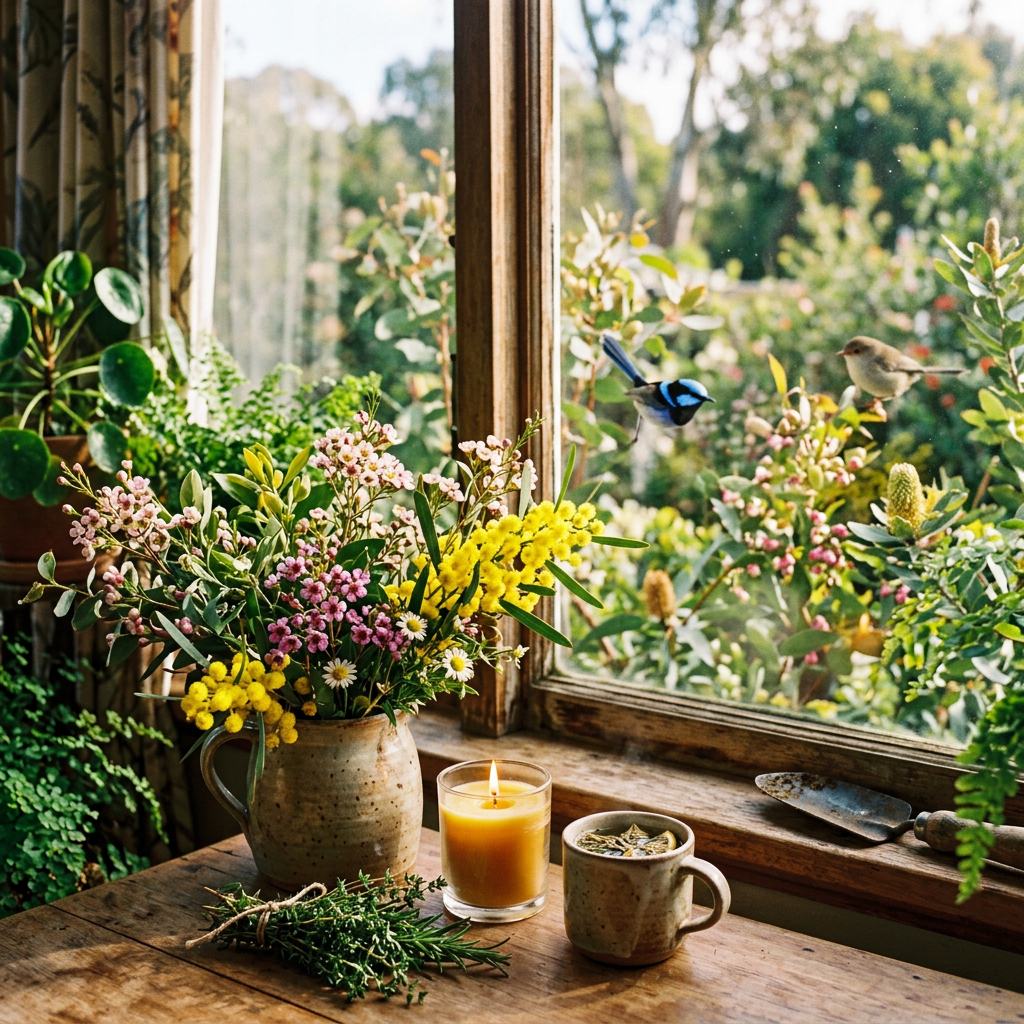 Flowers, candle, tea, and herbs beside garden birds at a window