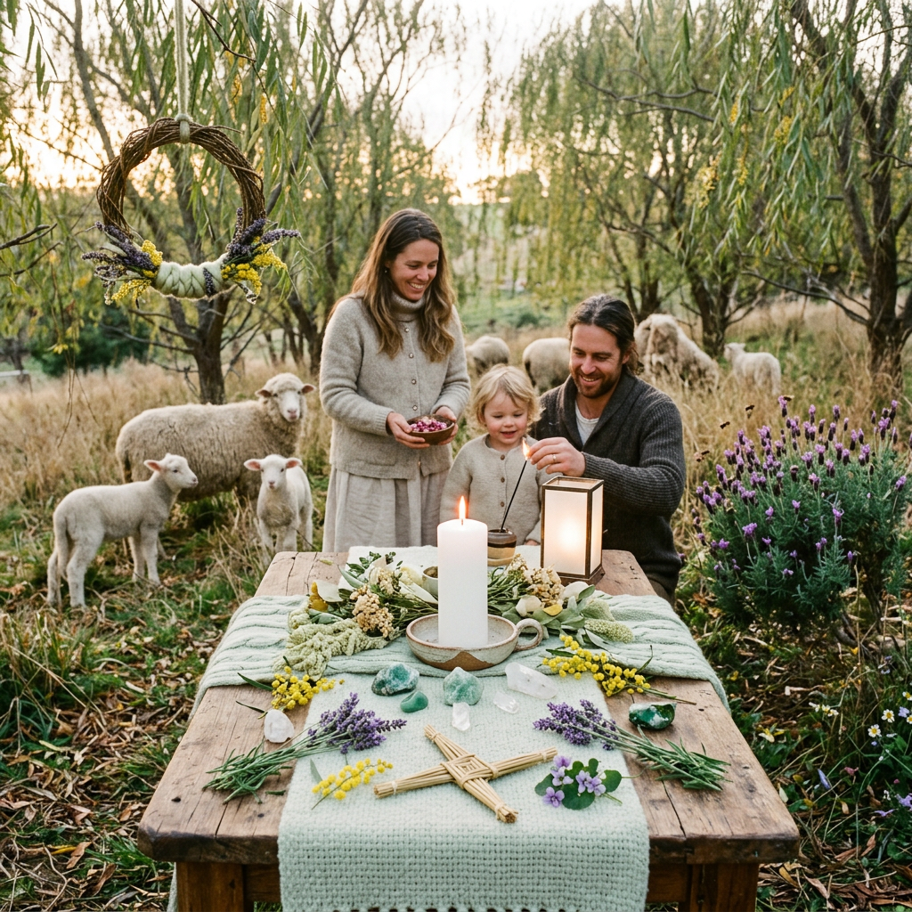 Family preparing a candlelit ritual at a meadow table with sheep