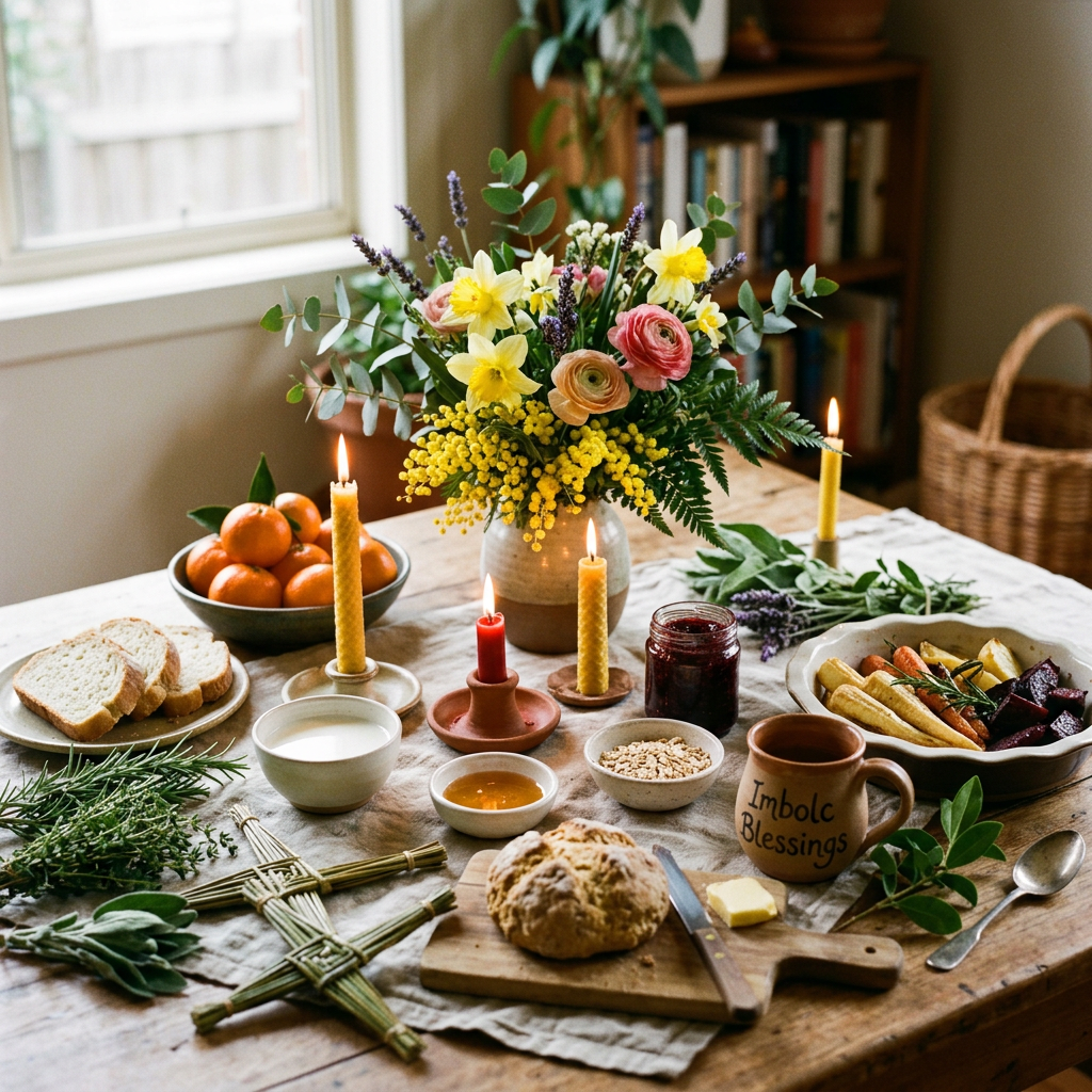 Imbolc Blessings mug surrounded by flowers, candles, bread, and food