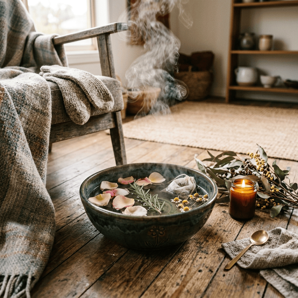 Steaming bowl of herbs beside a lit candle in a cozy room
