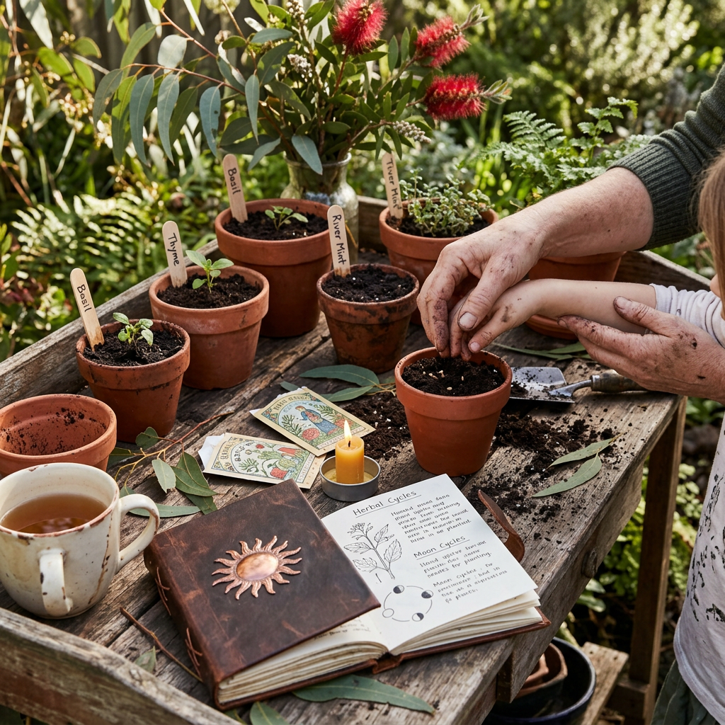 Hands planting herbs labeled Basil, Thyme, and River Mint beside Herbal Cycles guide