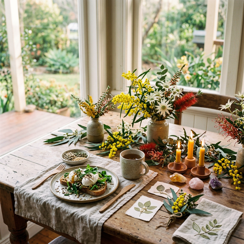 Sunlit wooden table with brunch, flowers, candles, and botanical crafts