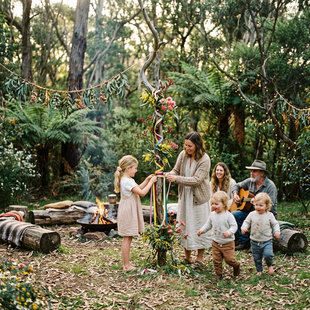 Family gathering in woodland around a flower-decorated branch and campfire