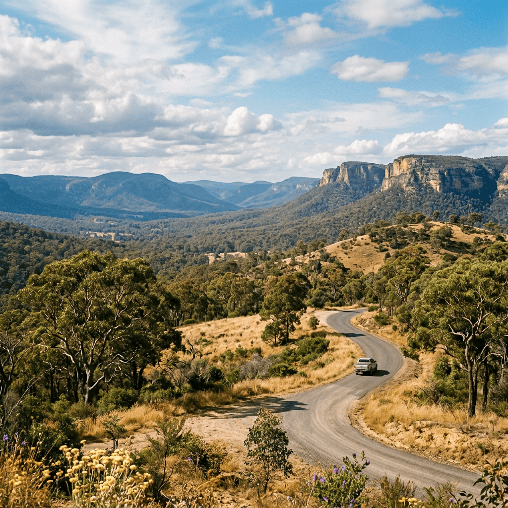 Car traveling along a winding road through wooded hills beneath dramatic cliffs