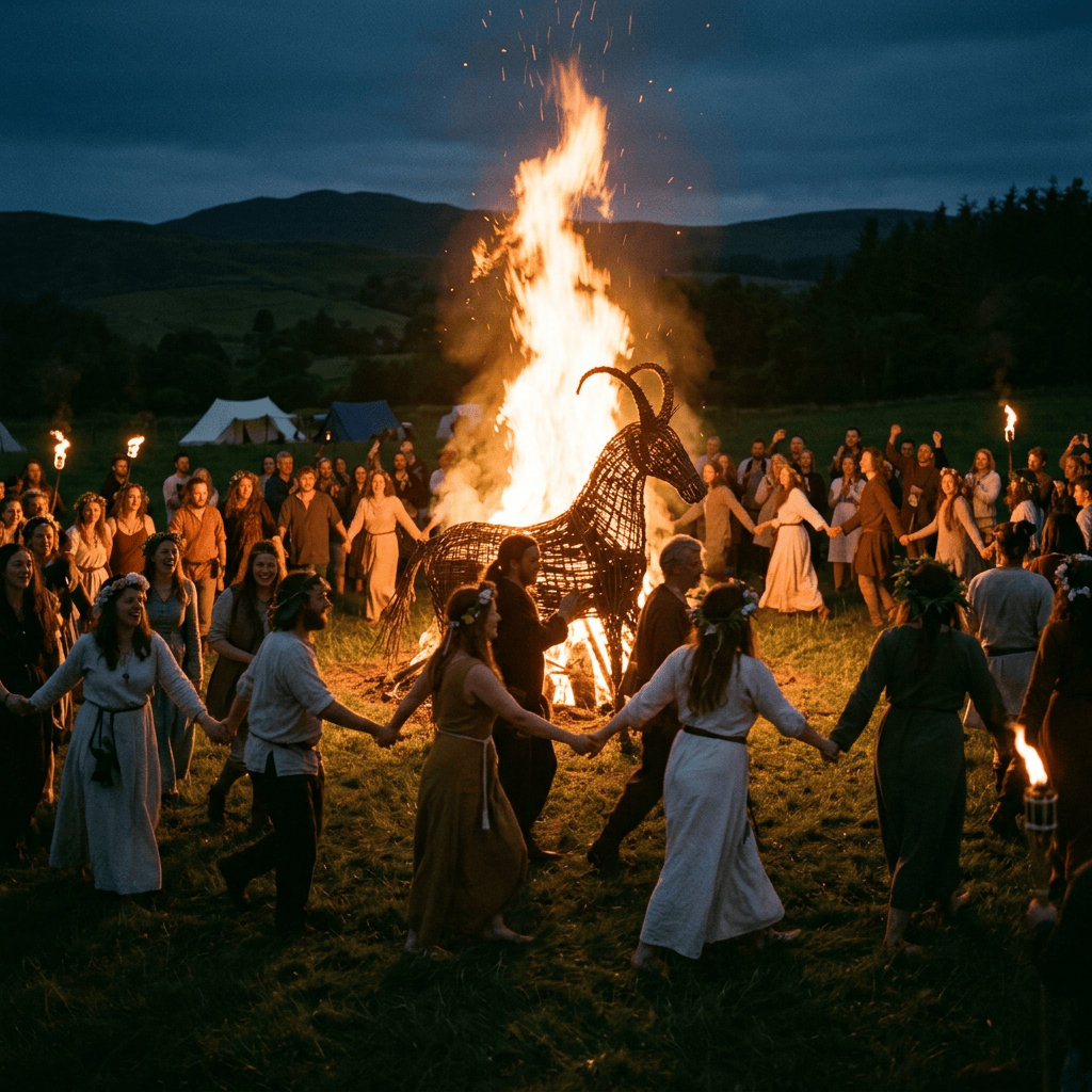 Gaelic Beltane fire festival in woodland