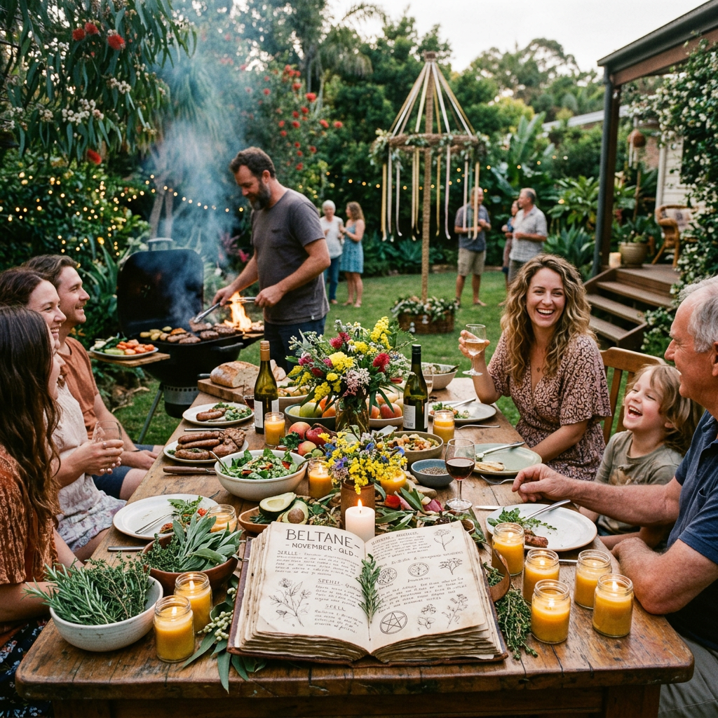 Friends gather around a feast with grilled food and an open Beltane book