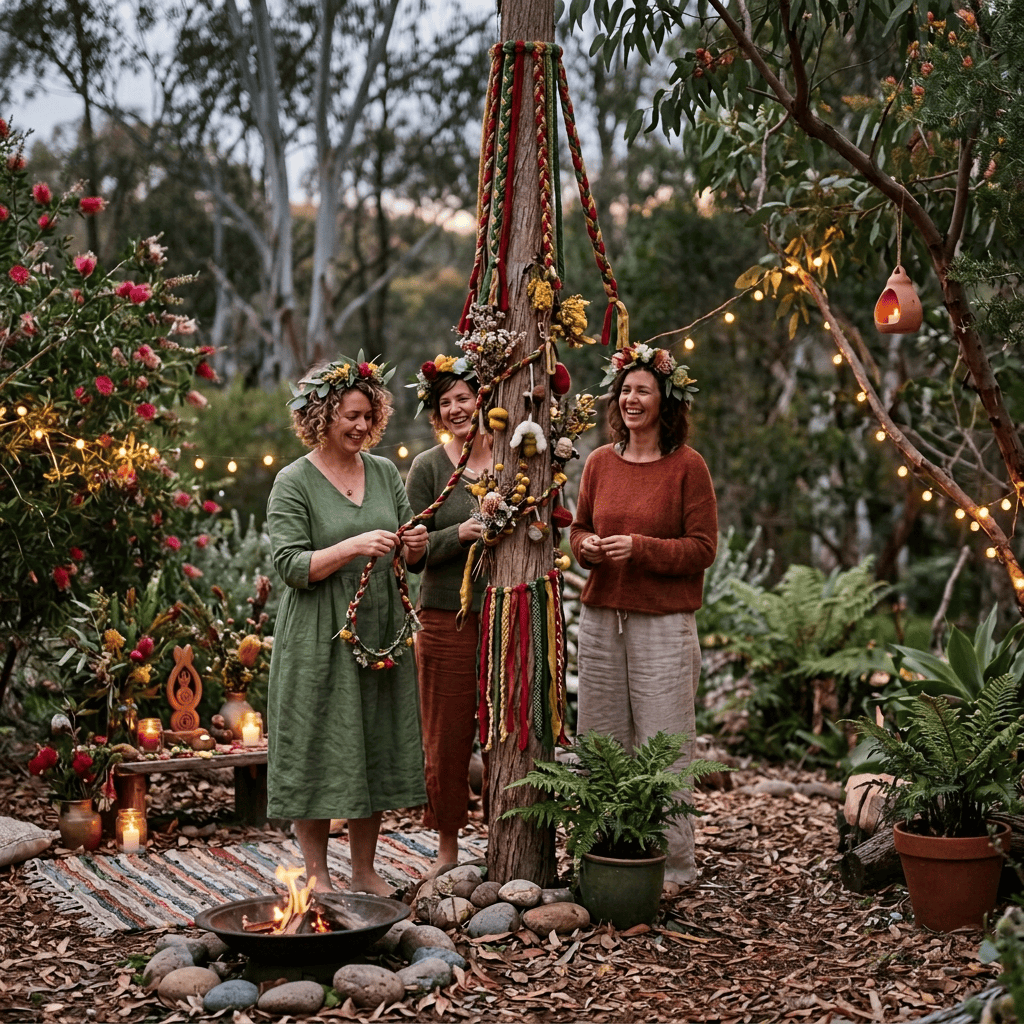 Four friends celebrate around a decorated tree in a forest