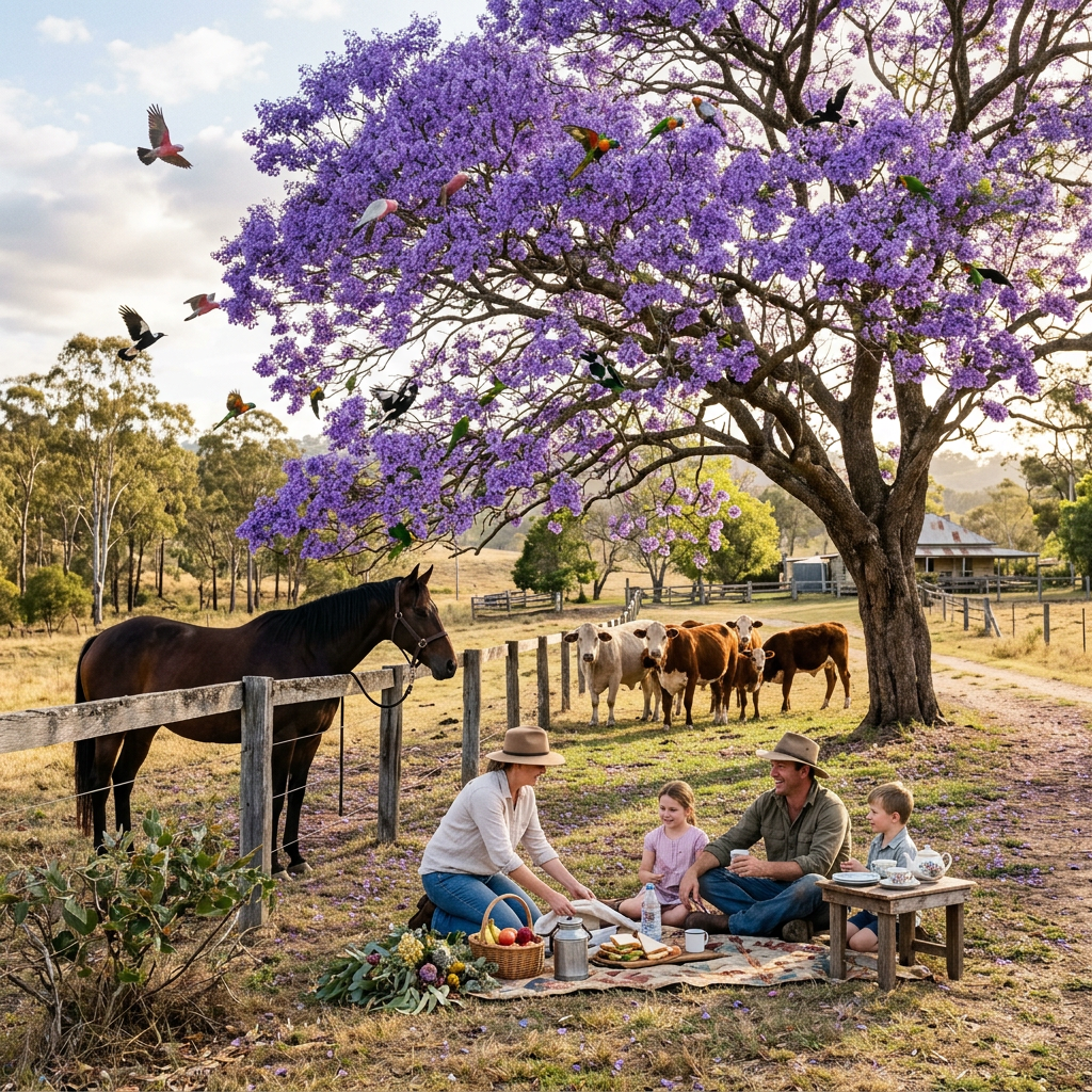 Family picnicking beneath a purple-flowering tree beside a horse and cattle