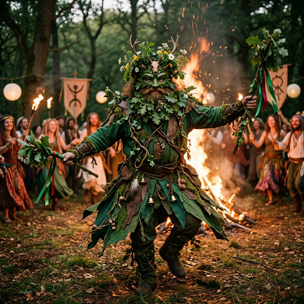 Antlered forest figure leading a torchlit ritual around a bonfire