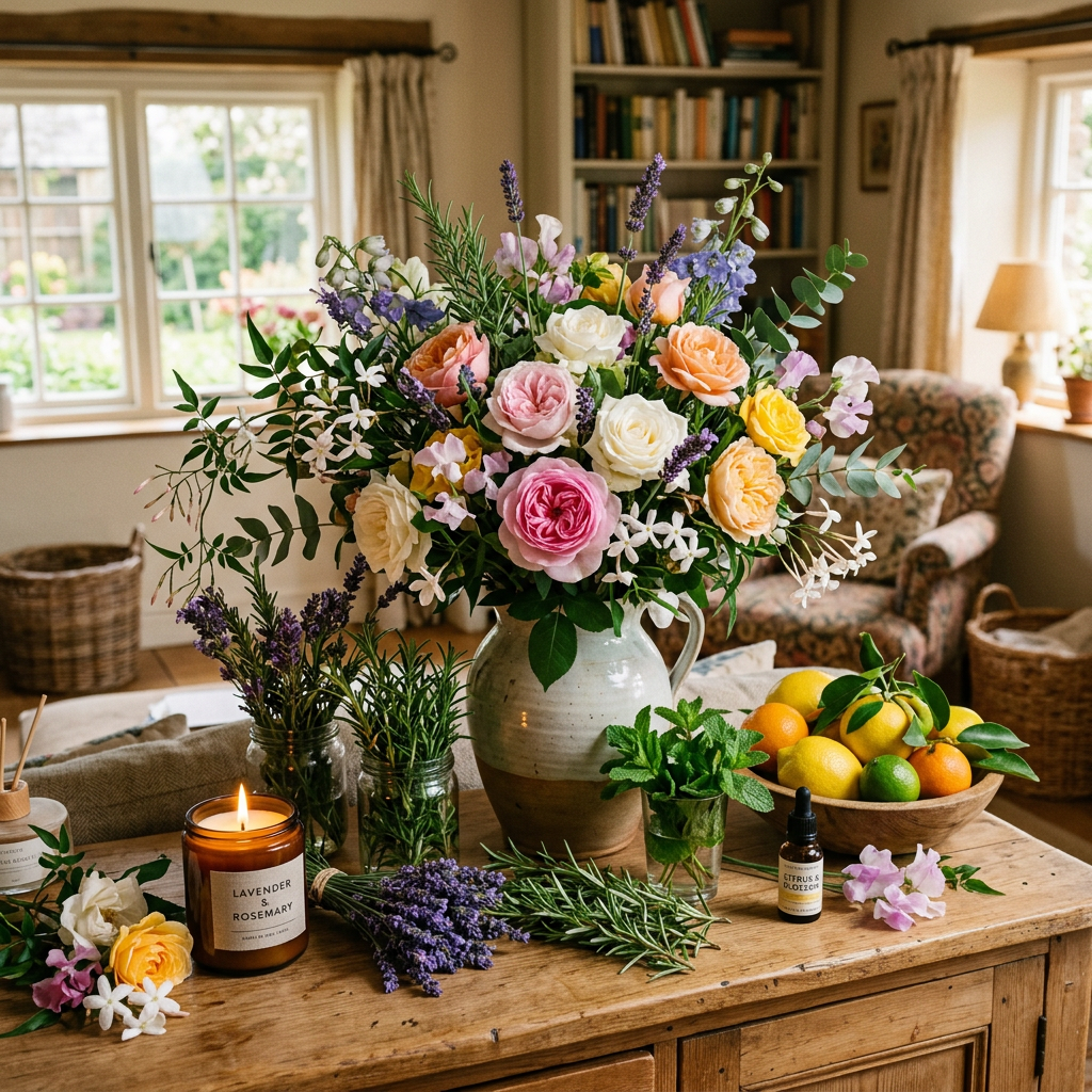 Colorful flower arrangement in a pitcher on a wooden table