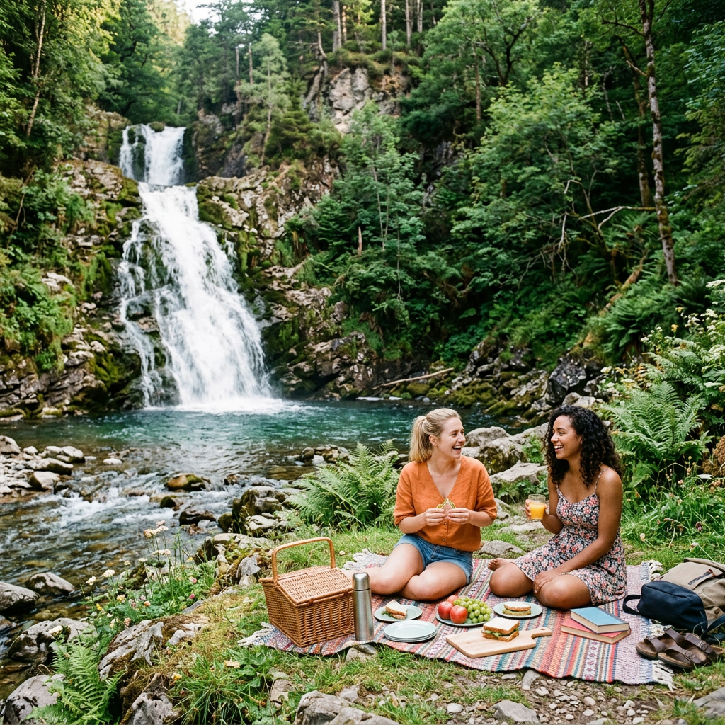 Two women picnicking beside a forest waterfall and stream