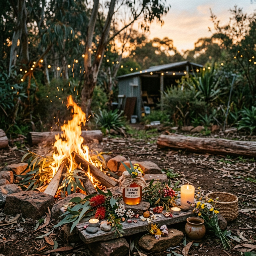 Outdoor honey ritual at sunset gathering Woman arranging flowers and honey beside a campfire at dusk