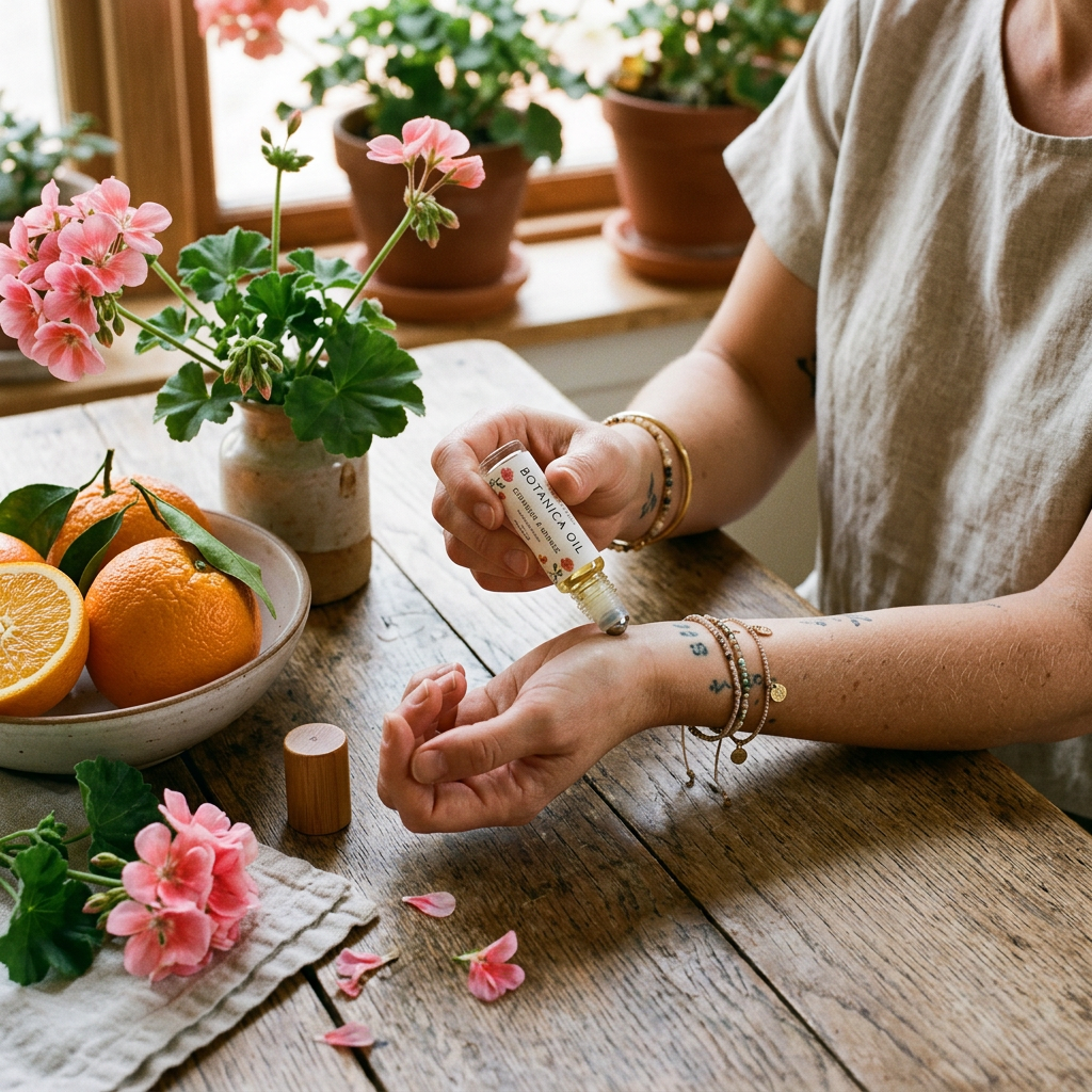 Person applying botanical oil to wrist beside flowers and oranges