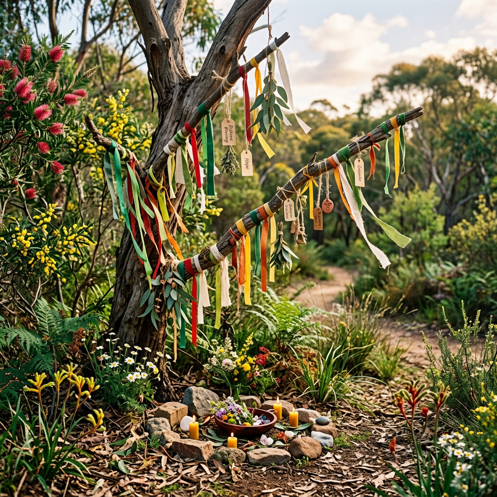 Ribbons and candles decorate a tree beside a woodland path; tags read Hope and Gratitude.