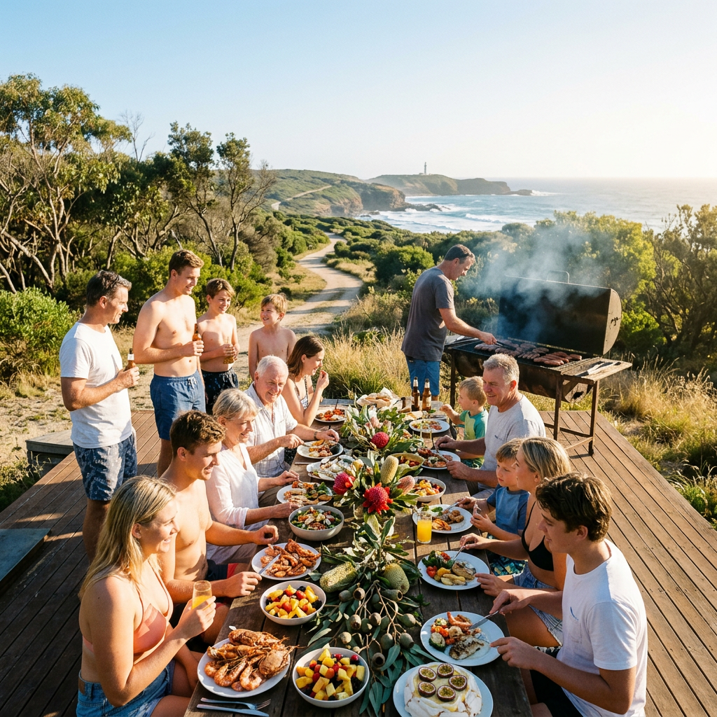 Family and friends sharing a meal beside a coastal barbecue