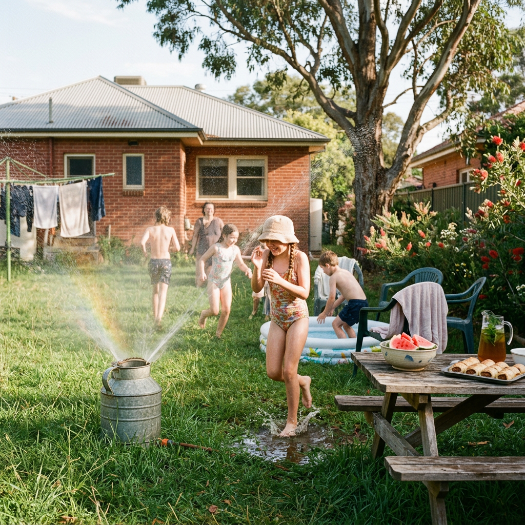 Children playing through a lawn sprinkler beside a backyard picnic table