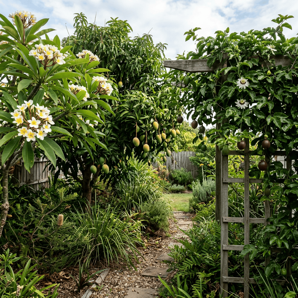 Lush garden path beneath flowering trees and fruit-laden vines