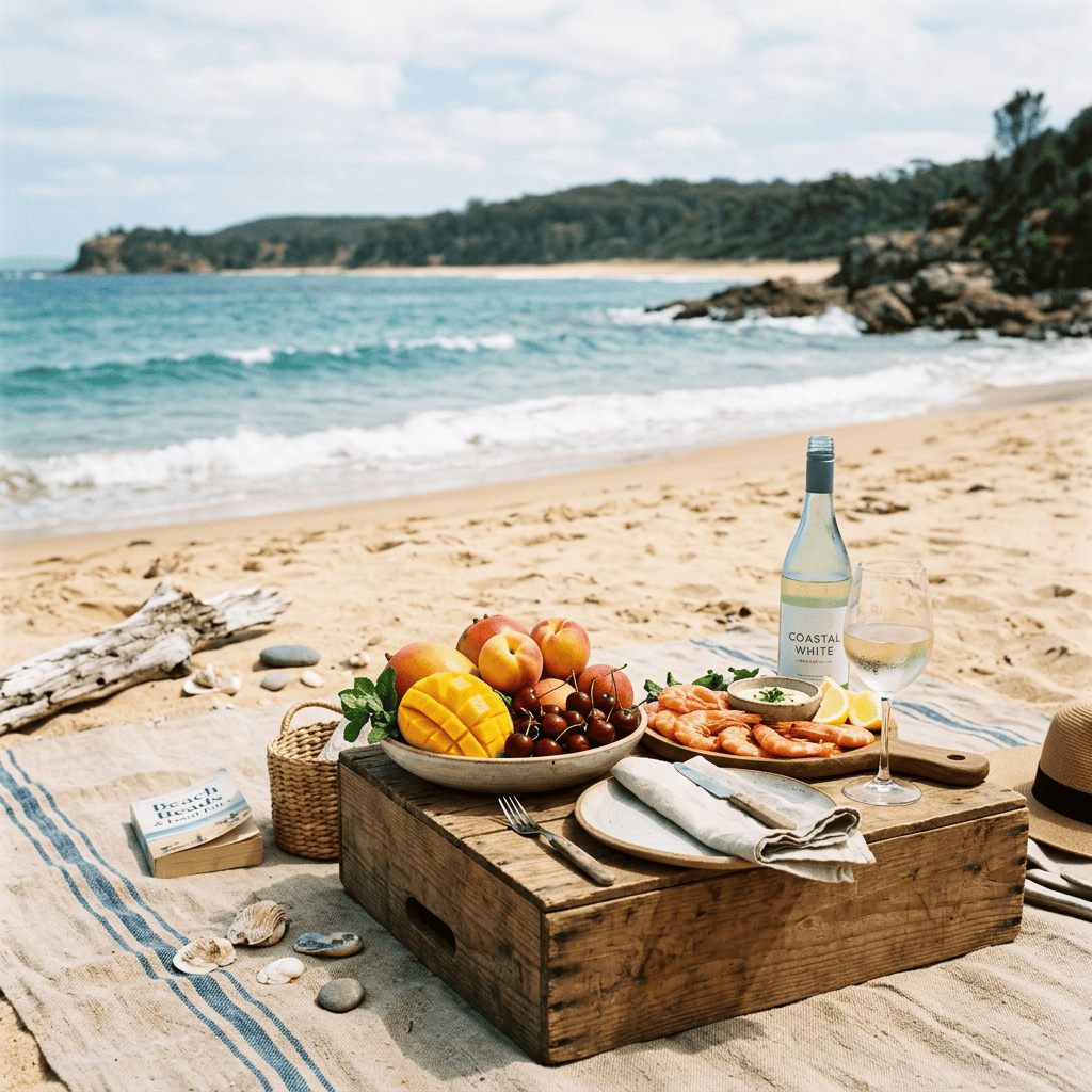 Beach picnic with fruit, shrimp, white wine, and ocean view