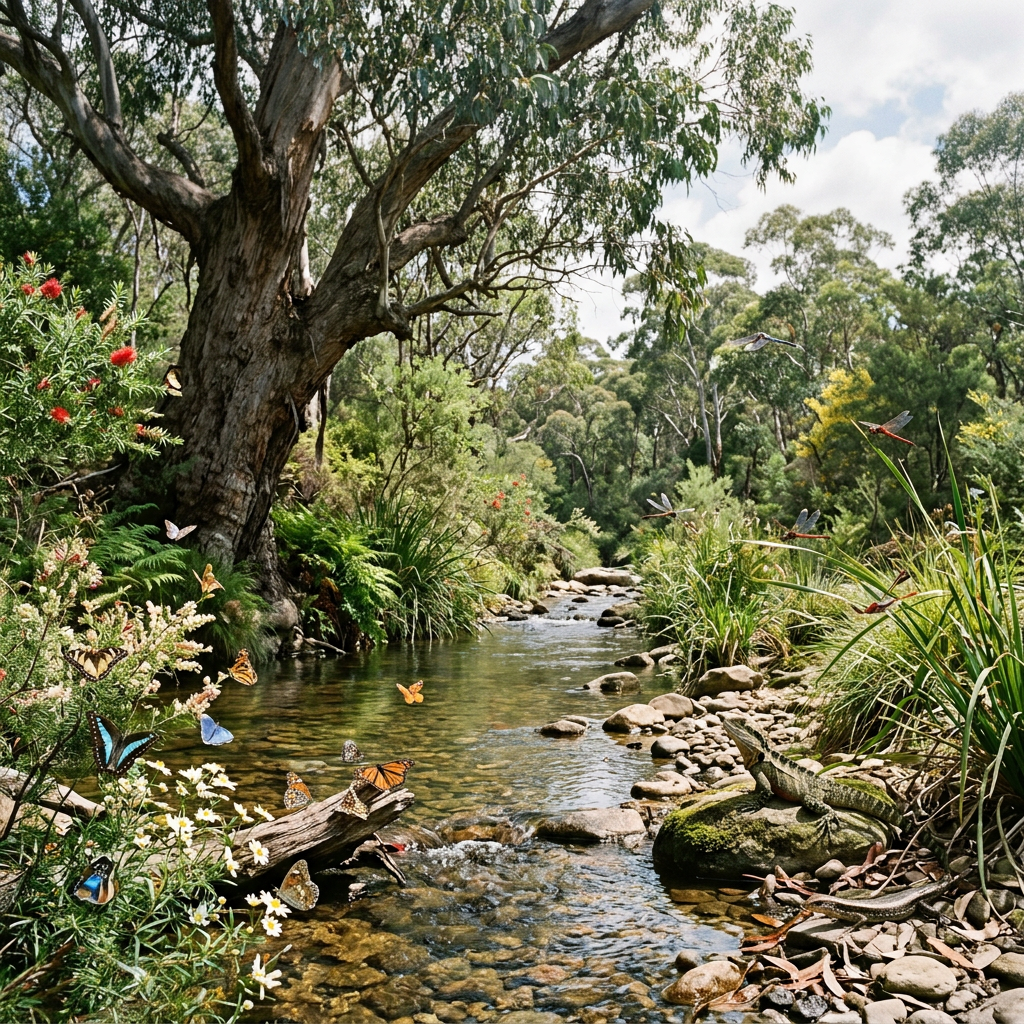 Woodland creek with butterflies, dragonflies, flowers, and lizards