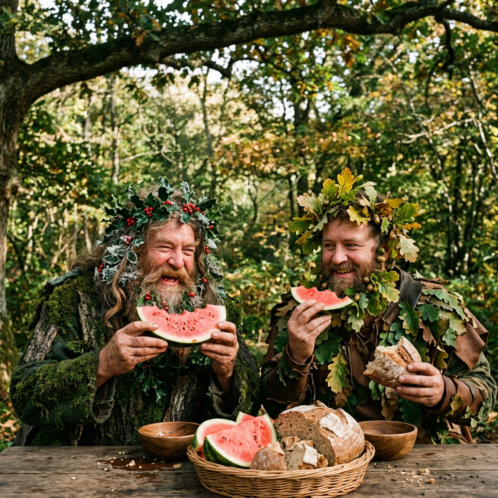 Two bearded men in leafy costumes eating watermelon beside bread in a forest