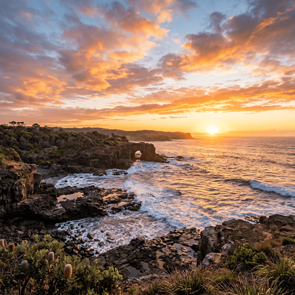 Sunset over rocky coastal cliffs with waves and a sea arch