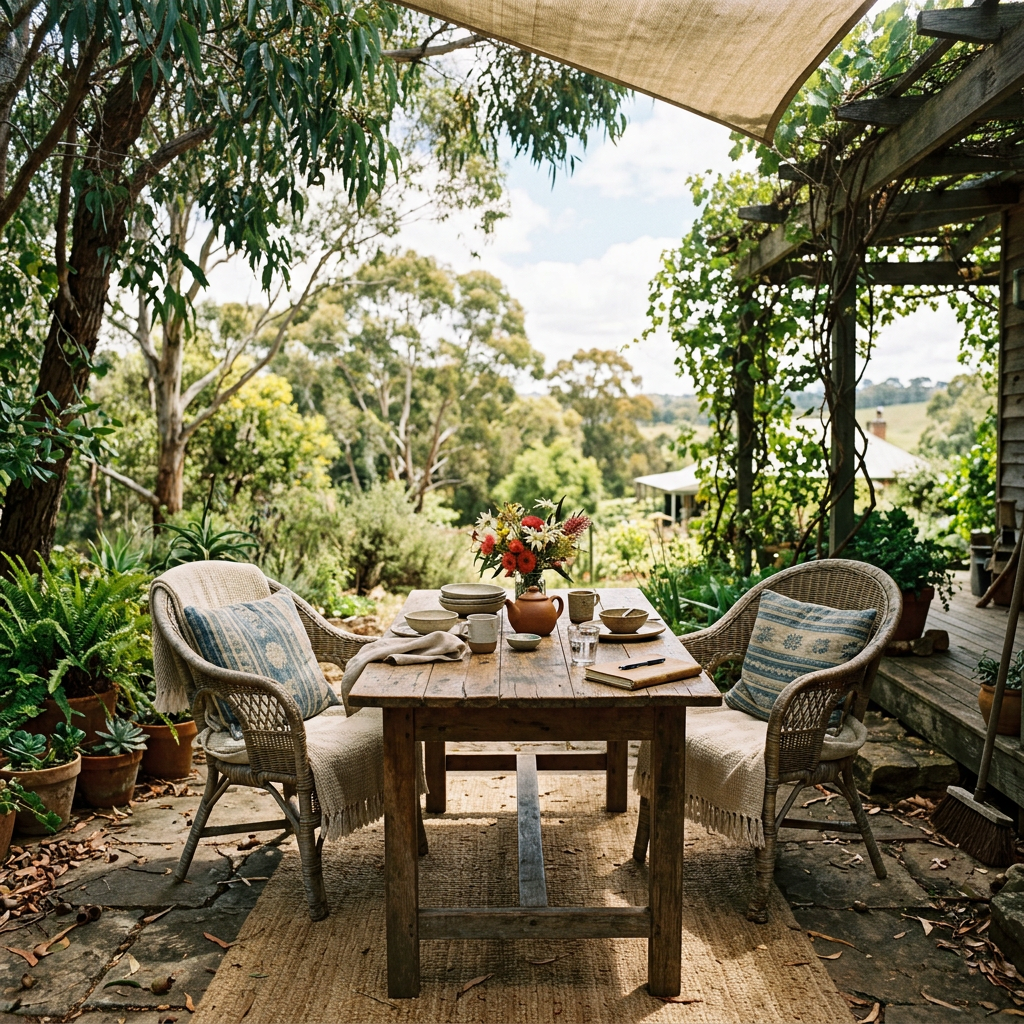 Tea table with two chairs on a garden patio overlooking countryside