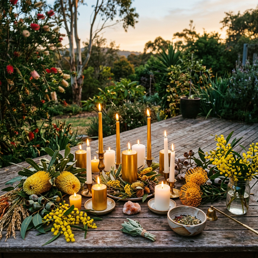 Lit candles and native flowers arranged on a garden deck