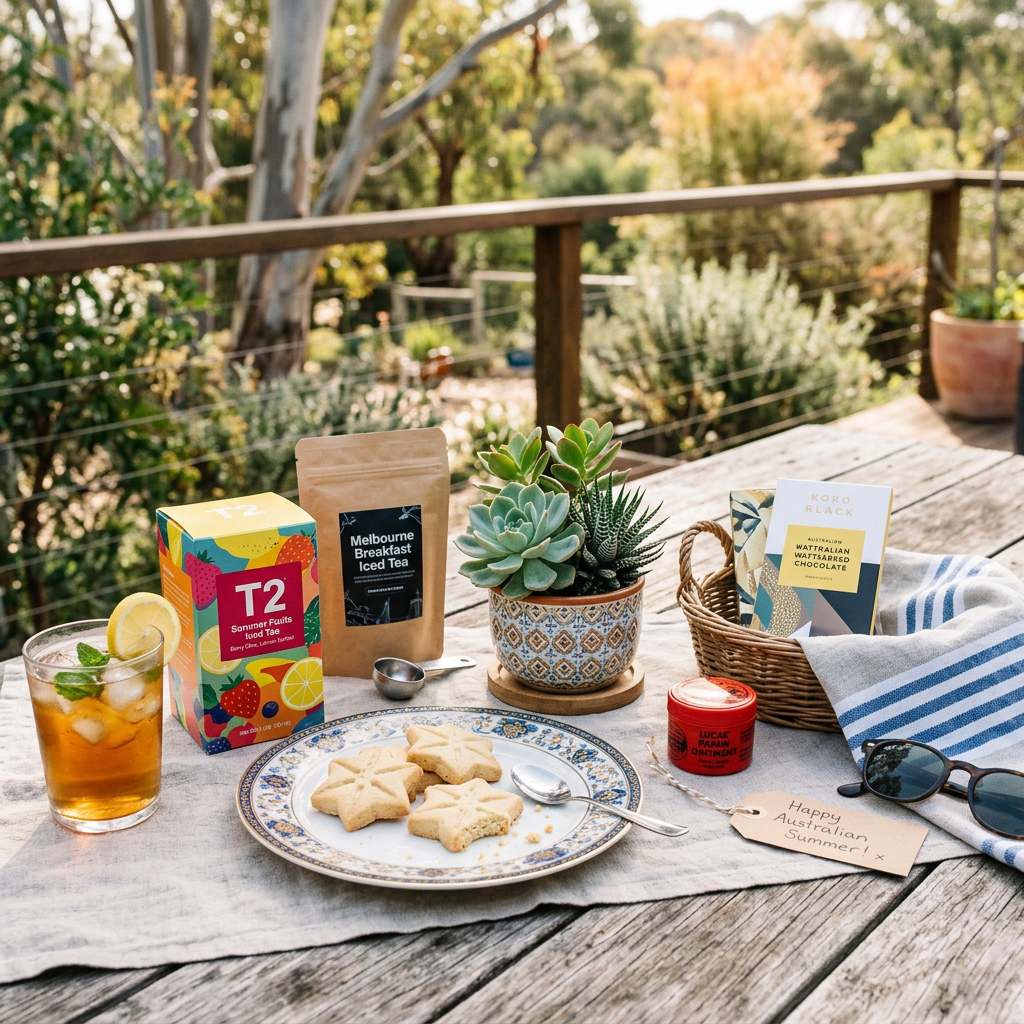 Australian summer tea setting with T2 Summer Fruits Iced Tea, Melbourne Breakfast Iced Tea, Koro Black Wattleseed Chocolate, Lucas Papaw Ointment, biscuits, succulents, and a Happy Australian Summer tag