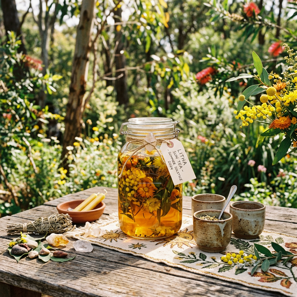 Jar labeled LITHA Sun Tea, Summer Solstice 2024, with flowers and tea cups