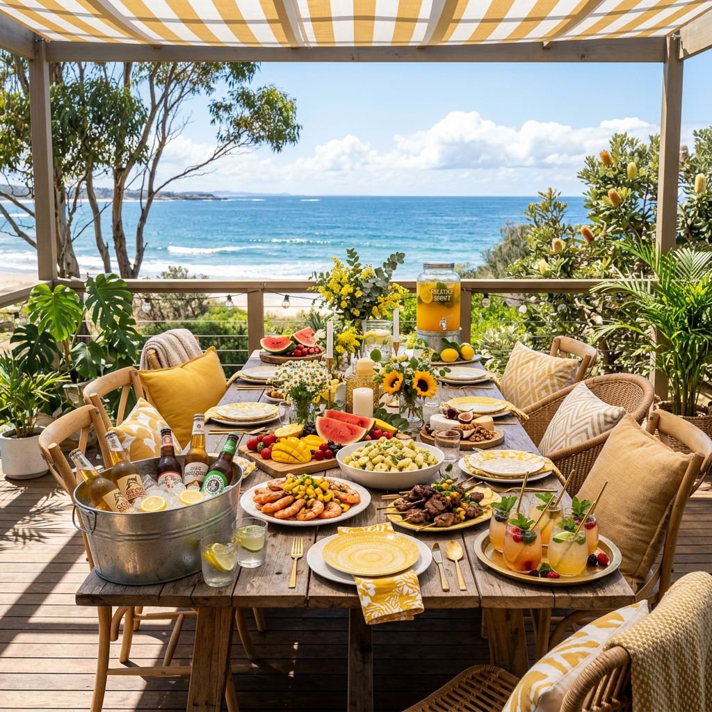Outdoor dining table with food and drinks overlooking a beach and ocean