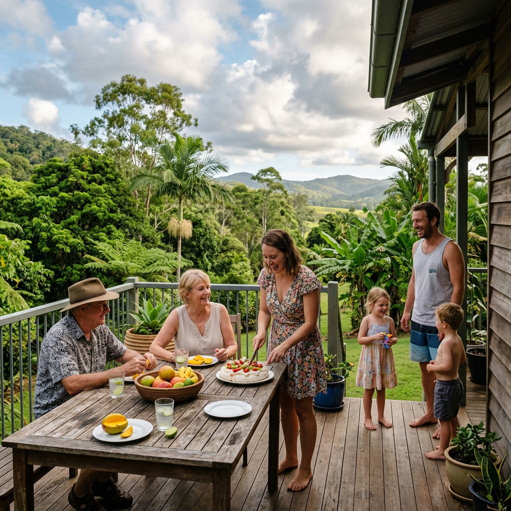 Family gathering around a table with cake and fruit on a tropical veranda