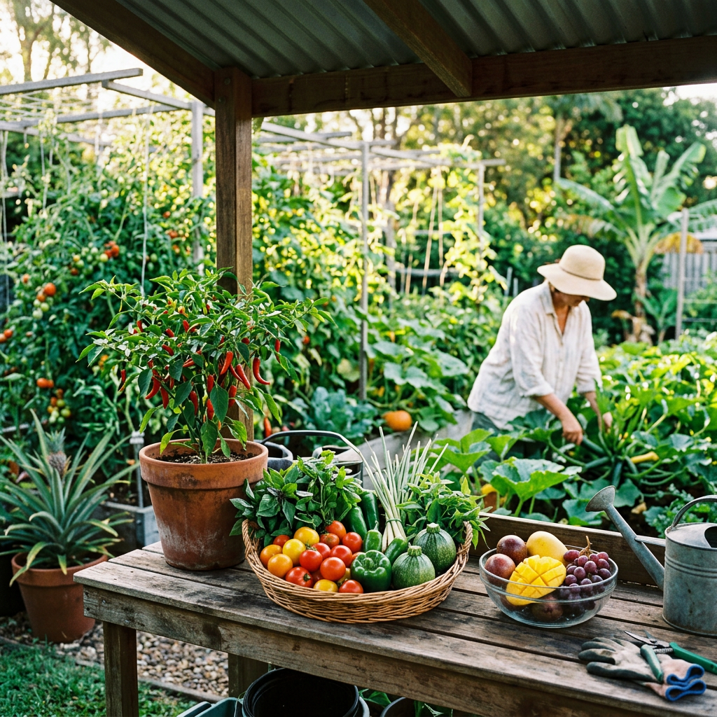 Gardener tending a lush vegetable garden beside freshly harvested produce