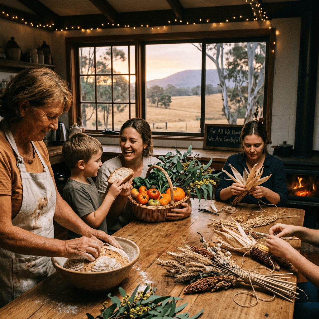 Family baking and crafting beside harvest basket; sign reads “For All We Have We Are Grateful.”
