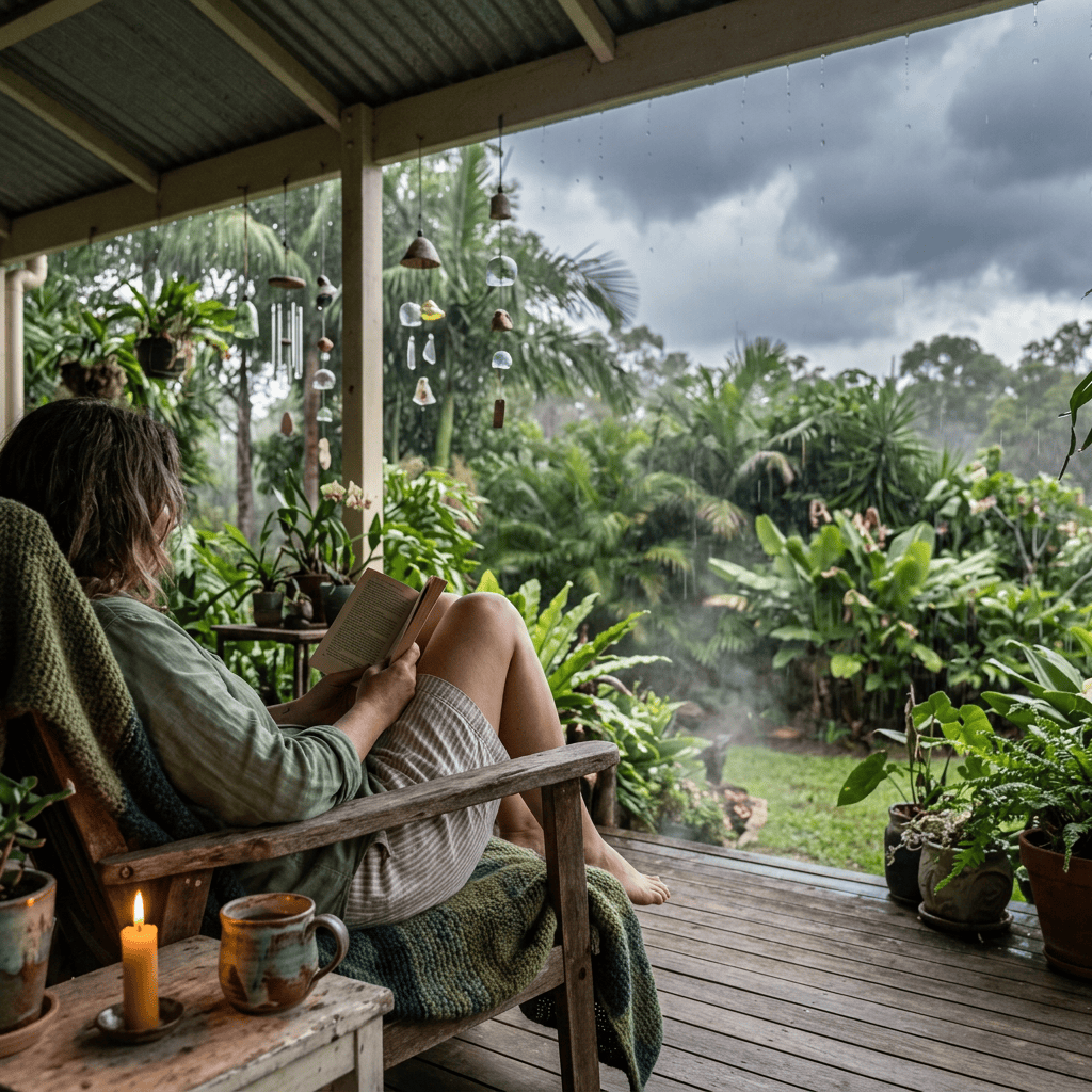 Person reading on a covered veranda overlooking a rainy tropical garden