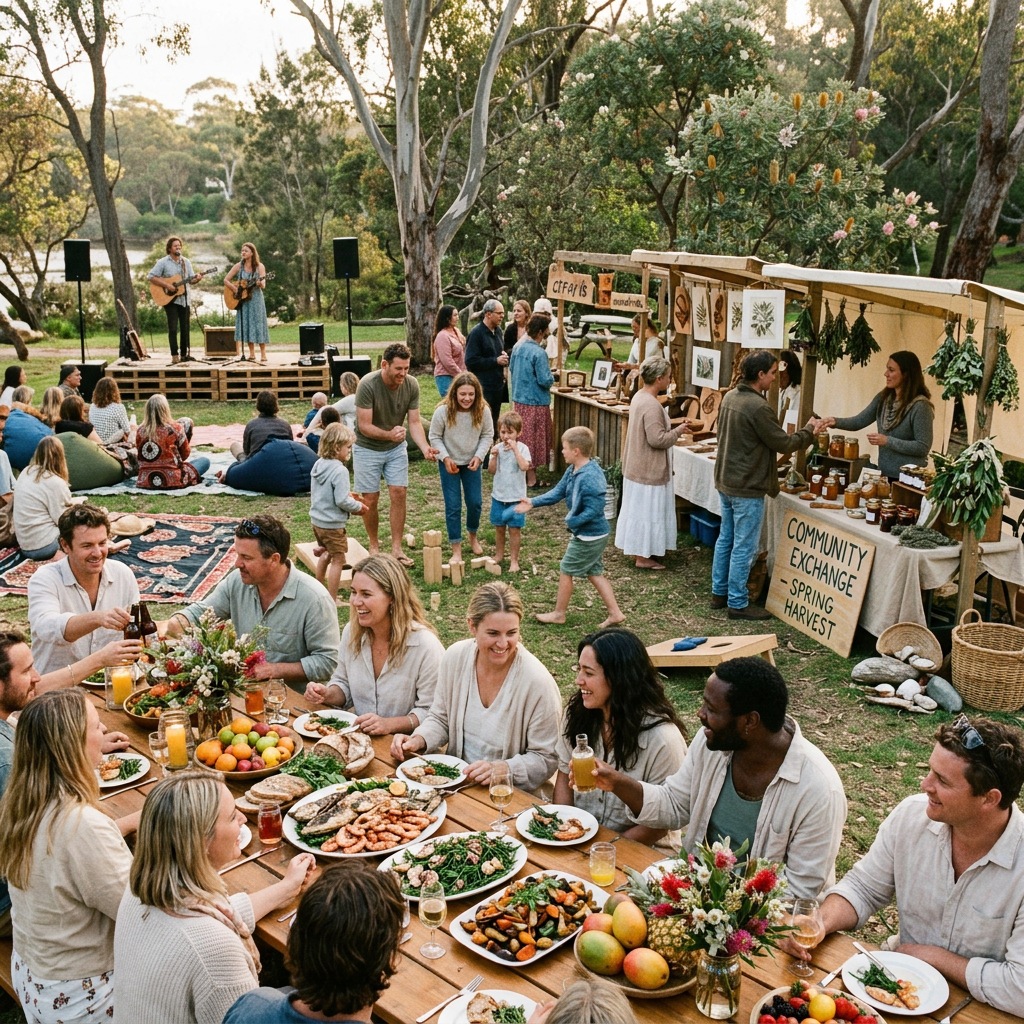 Outdoor community gathering with food, musicians, and “COMMUNITY EXCHANGE – SPRING HARVEST” sign