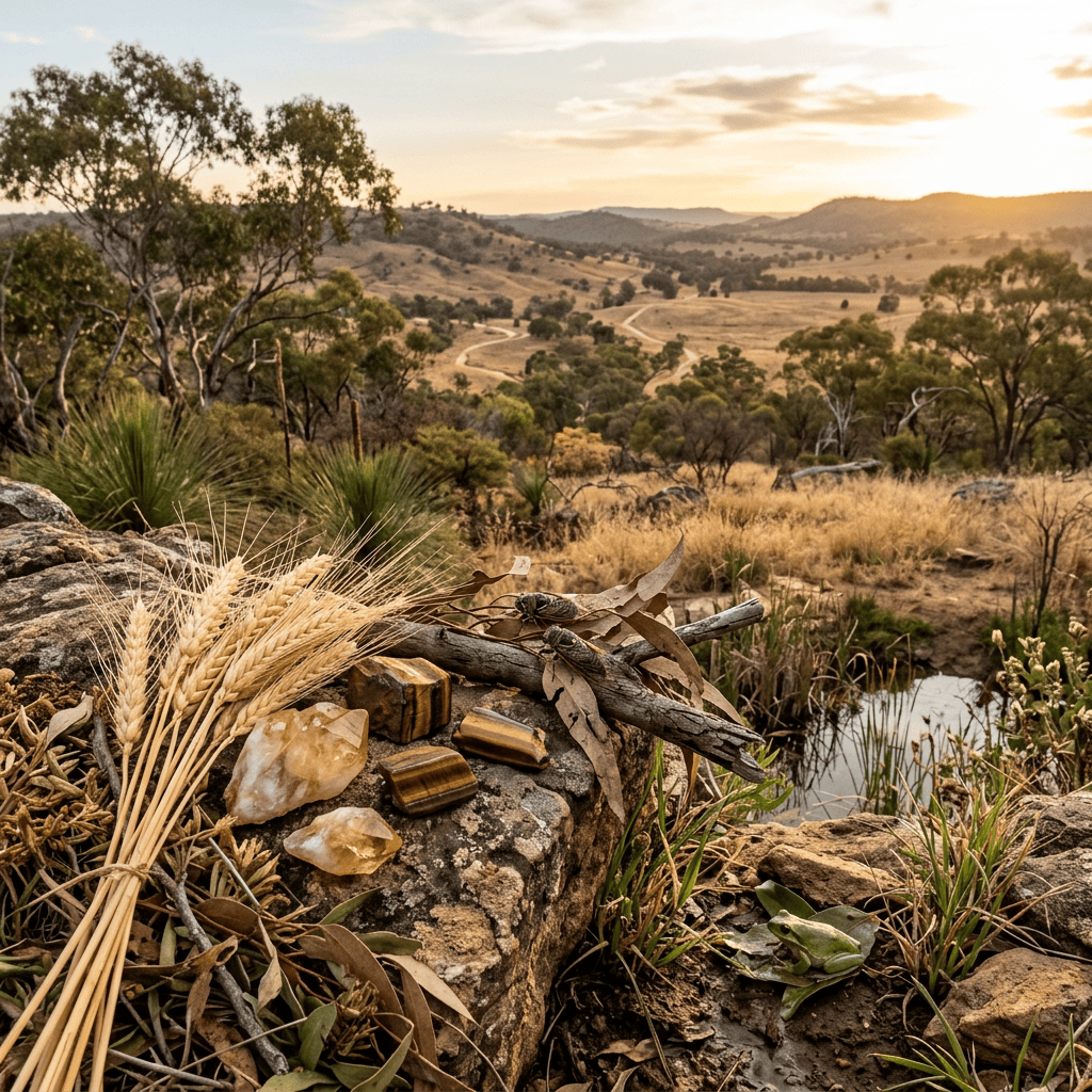 Crystals and wheat arranged on rocks overlooking an Australian valley