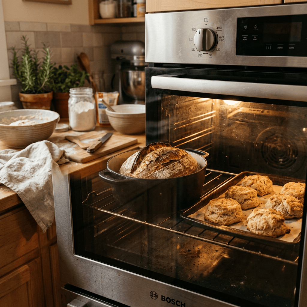 Rustic loaf of bread and biscuits baking in an open oven