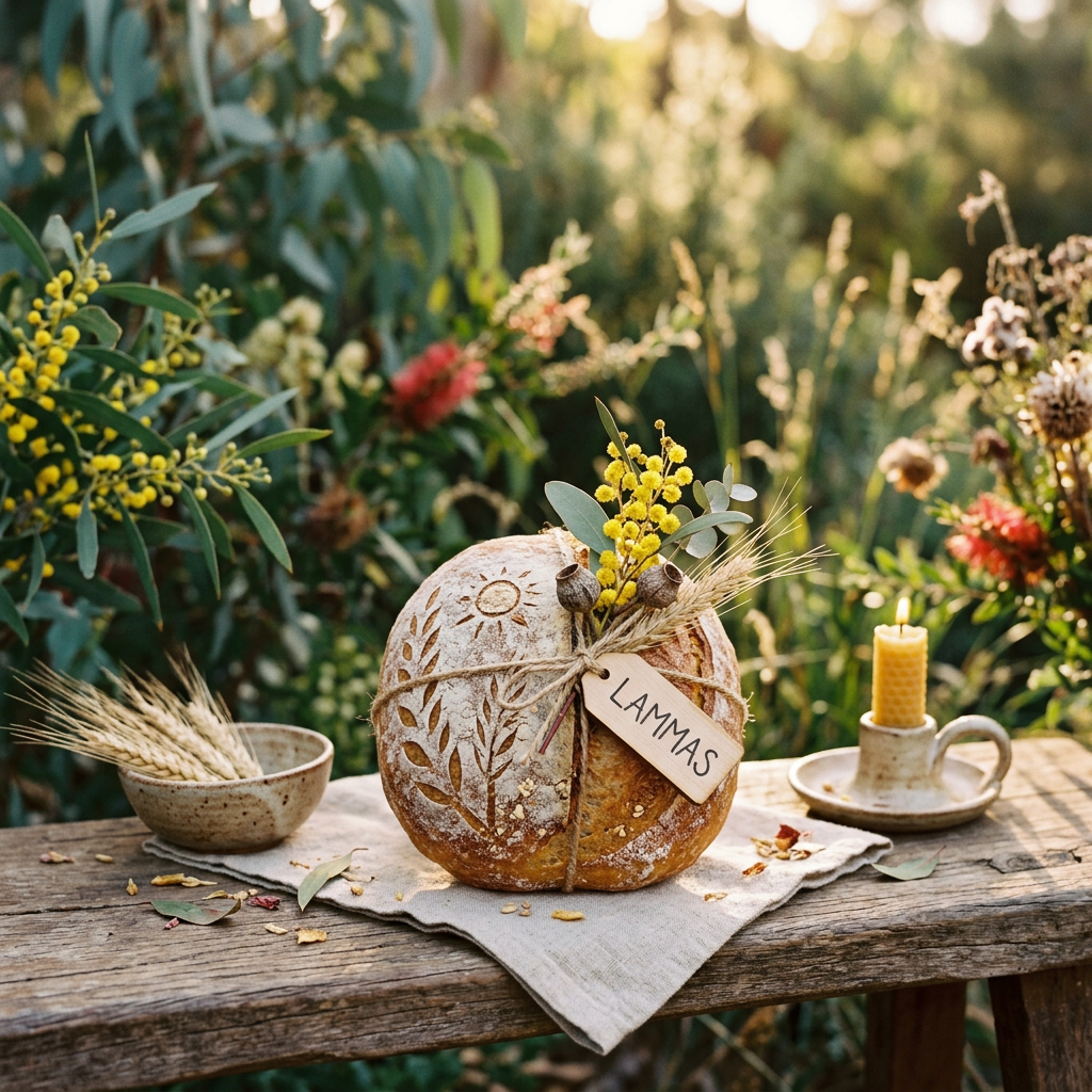 Rustic decorated loaf labeled LAMMAS with flowers, candle, and wheat