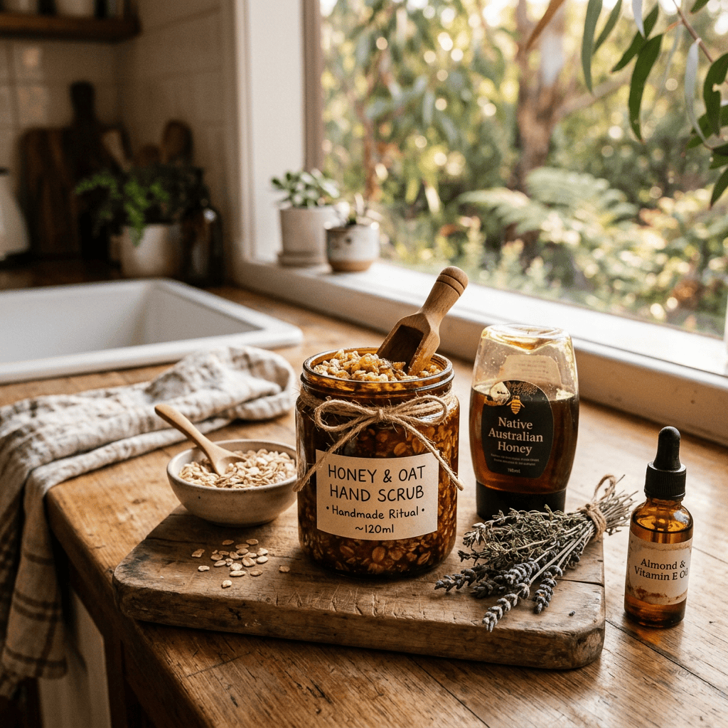 Jar labeled “HONEY & OAT HAND SCRUB • Handmade Ritual • ~120ml,” Native Australian Honey bottle, and Almond & Vitamin E Oil bottle