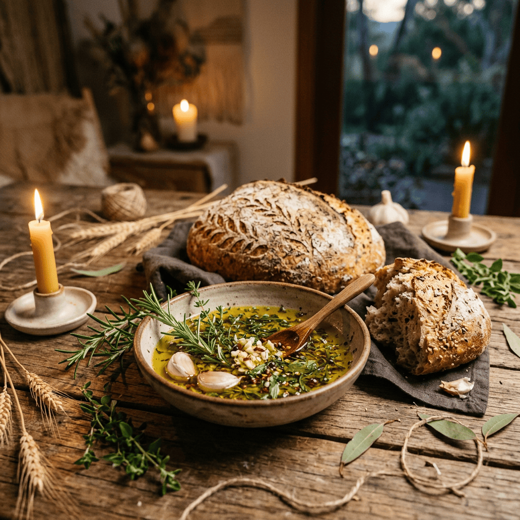 Rustic bread beside herb-infused olive oil and lit candles