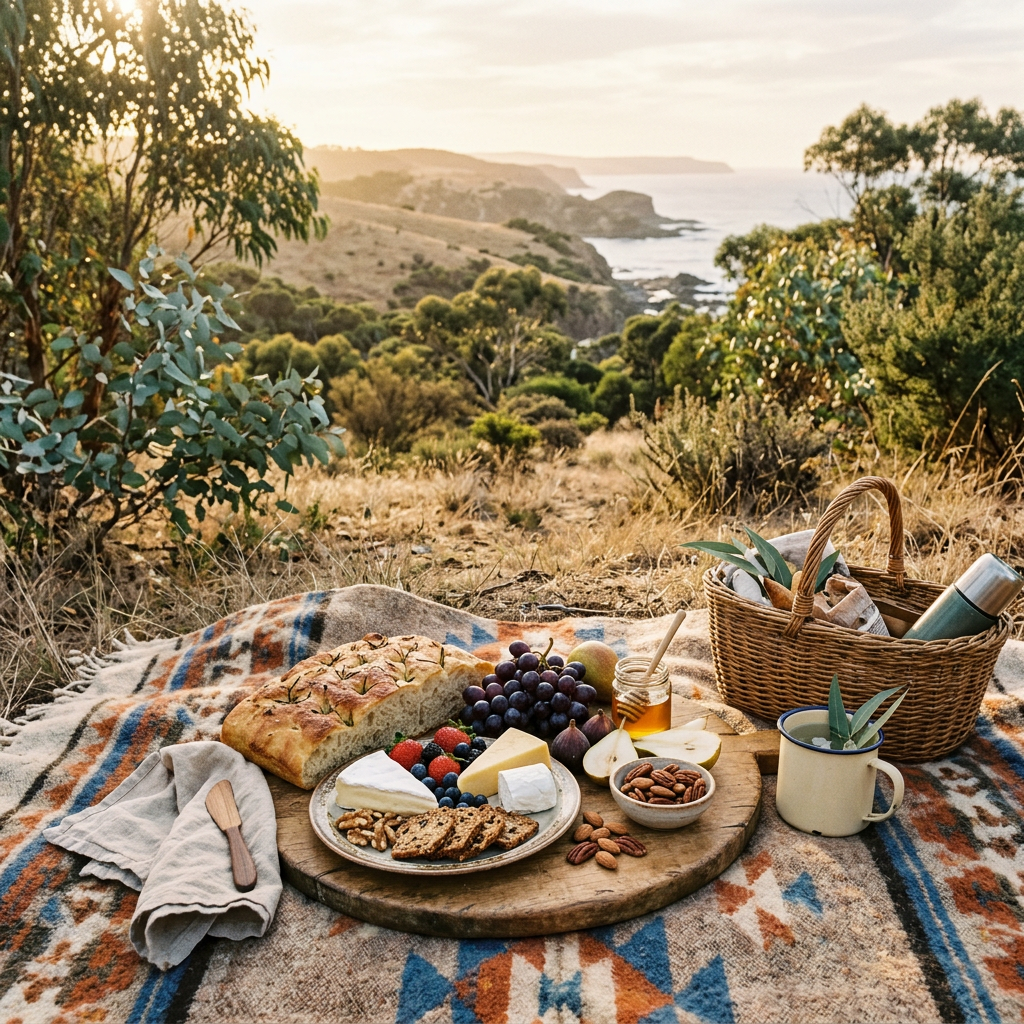 Picnic spread with fruit, cheese, bread, and basket overlooking a coastal landscape