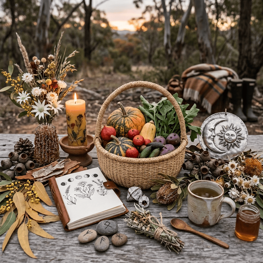 Autumn still life with harvest basket, flowers, candle, tea, and rune stones