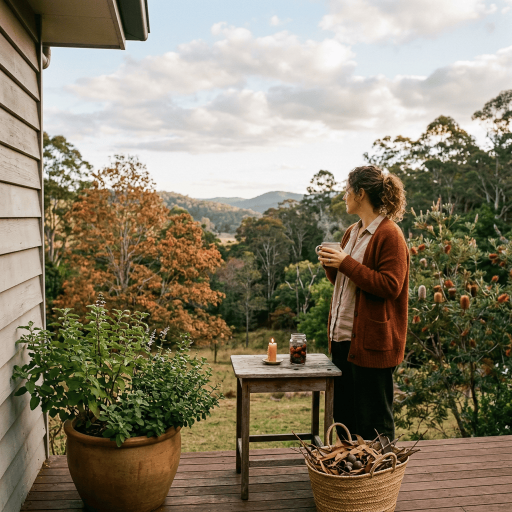 Woman holding tea on a deck overlooking autumn hills