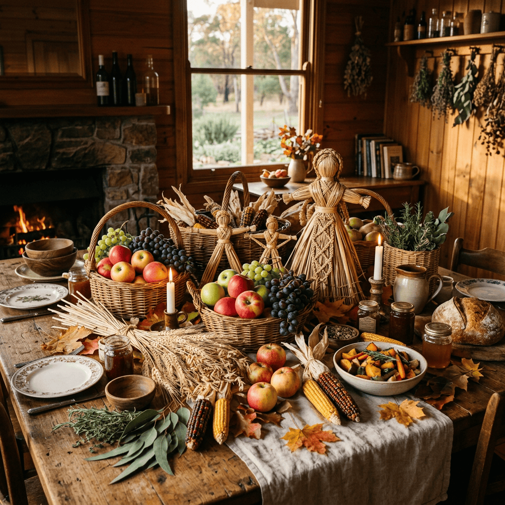 Rustic dining table decorated with autumn harvest foods and straw figures