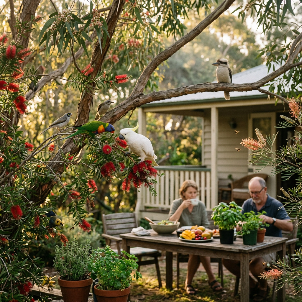 Native birds perched among flowering branches beside people dining outdoors