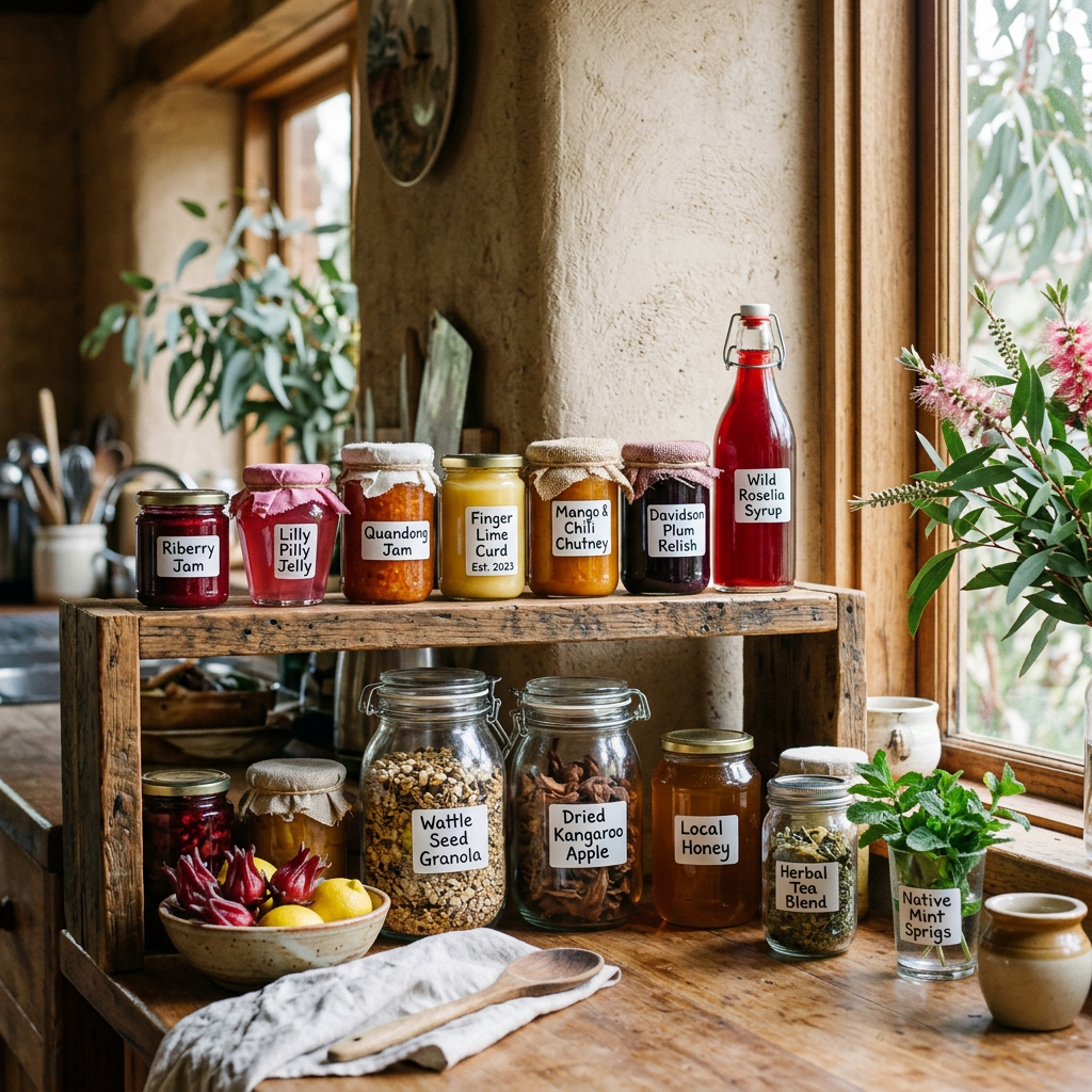 Labeled jars: Riberry Jam, Lilly Pilly Jelly, Quandong Jam, Finger Lime Curd Est. 2023, Mango & Chili Chutney, Davidson Plum Relish, Wild Roselia Syrup, Wattle Seed Granola, Dried Kangaroo Apple, Local Honey, Herbal Tea Blend, and Native Mint Sprigs.