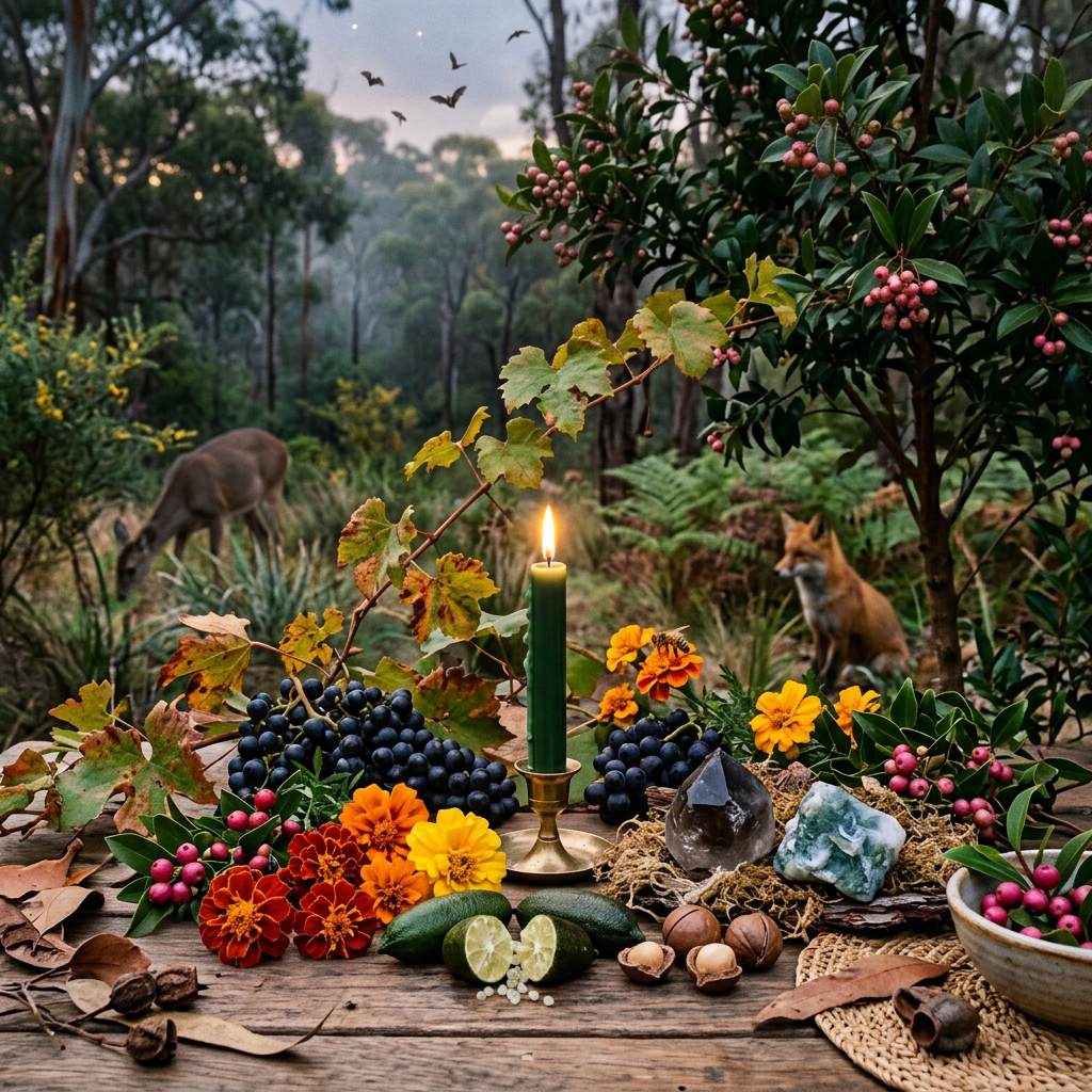 Candlelit woodland altar with berries, flowers, fruit, crystals, kangaroo, and fox