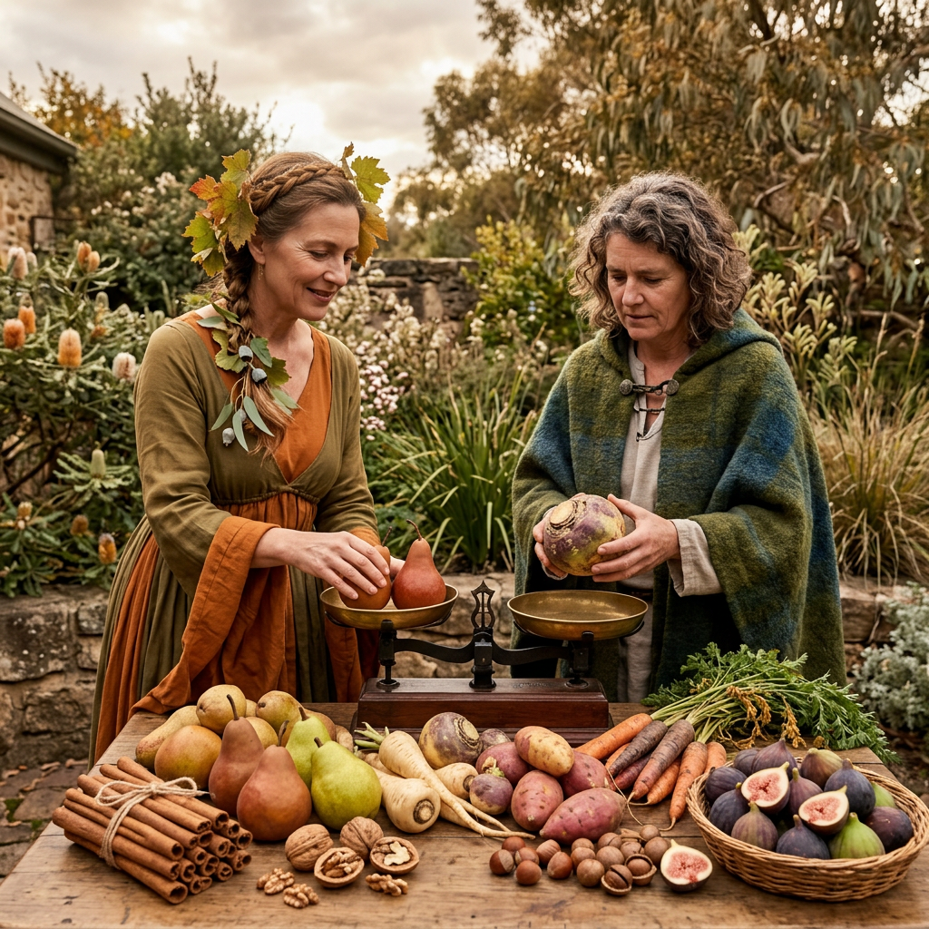 Two women weighing fruits and vegetables on a balance scale