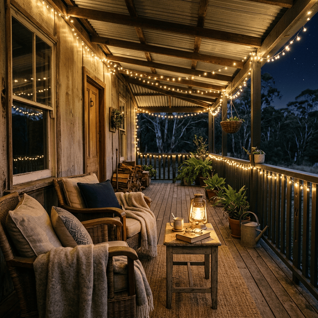 Cozy covered porch with string lights, chairs, plants, coffee, and lantern